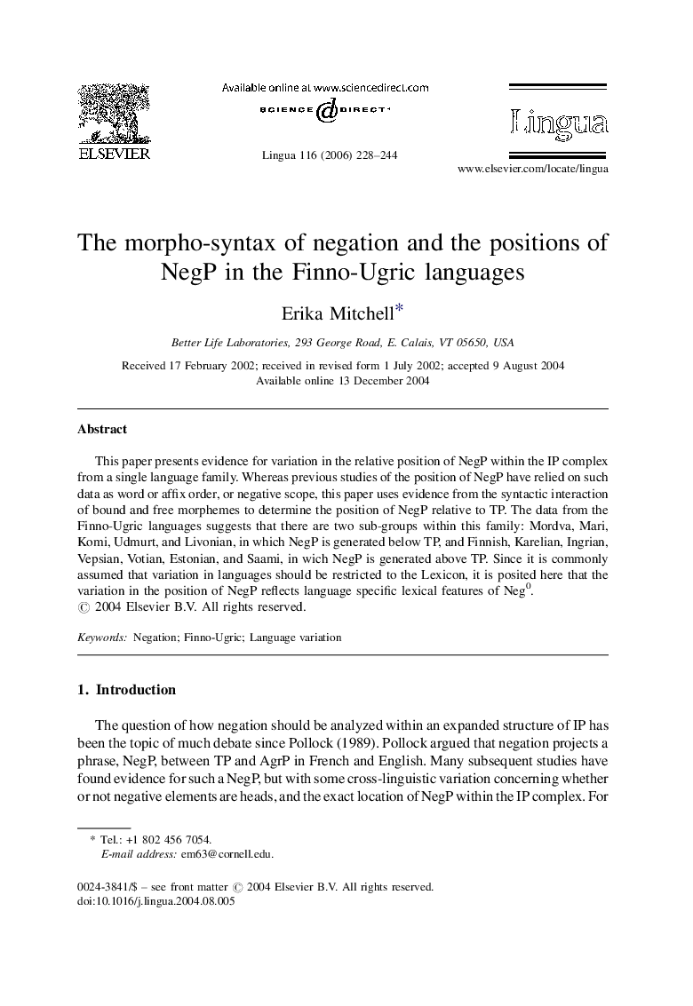 The morpho-syntax of negation and the positions of NegP in the Finno-Ugric languages