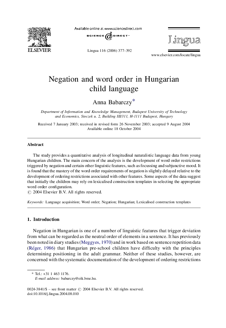 Negation and word order in Hungarian child language