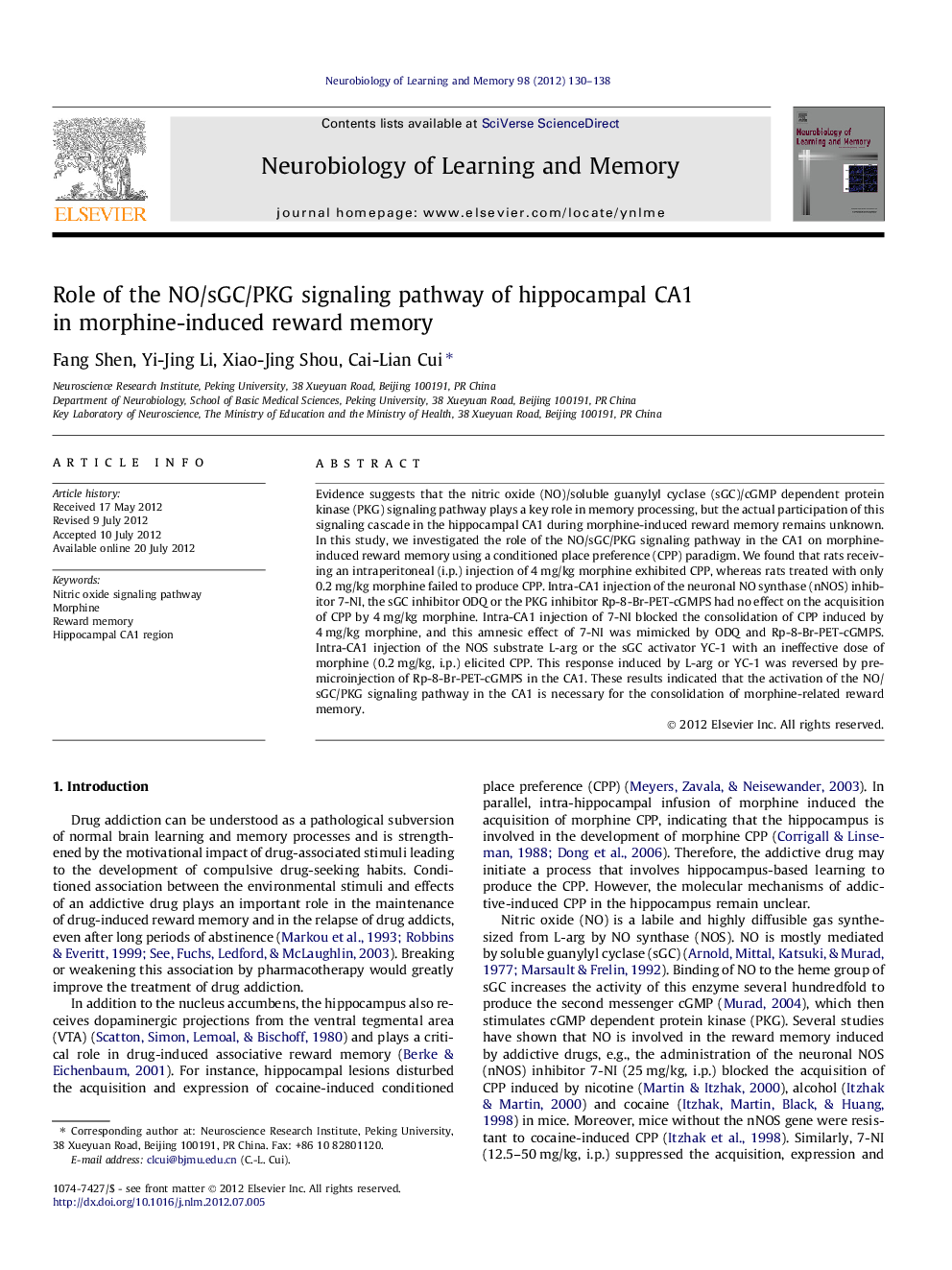 Role of the NO/sGC/PKG signaling pathway of hippocampal CA1 in morphine-induced reward memory