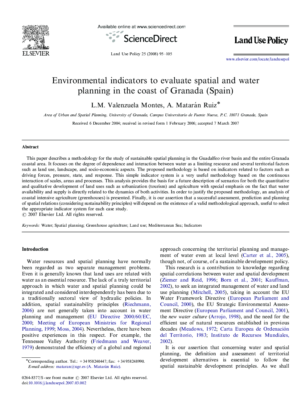 Environmental indicators to evaluate spatial and water planning in the coast of Granada (Spain)