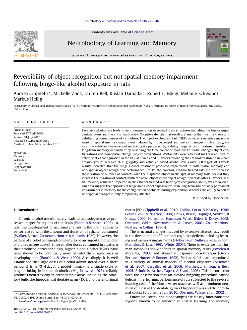 Reversibility of object recognition but not spatial memory impairment following binge-like alcohol exposure in rats