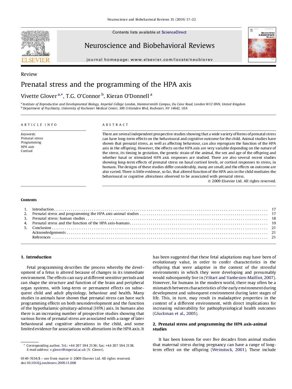 Prenatal stress and the programming of the HPA axis