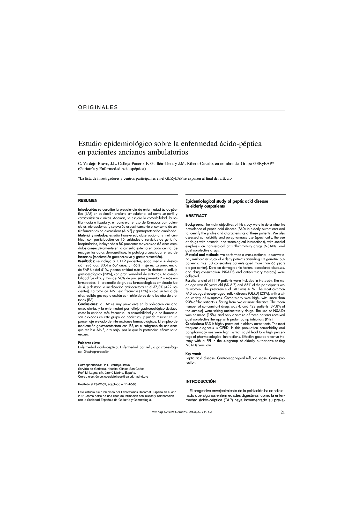 Estudio epidemiológico sobre la enfermedad ácido-péptica en pacientes ancianos ambulatorios