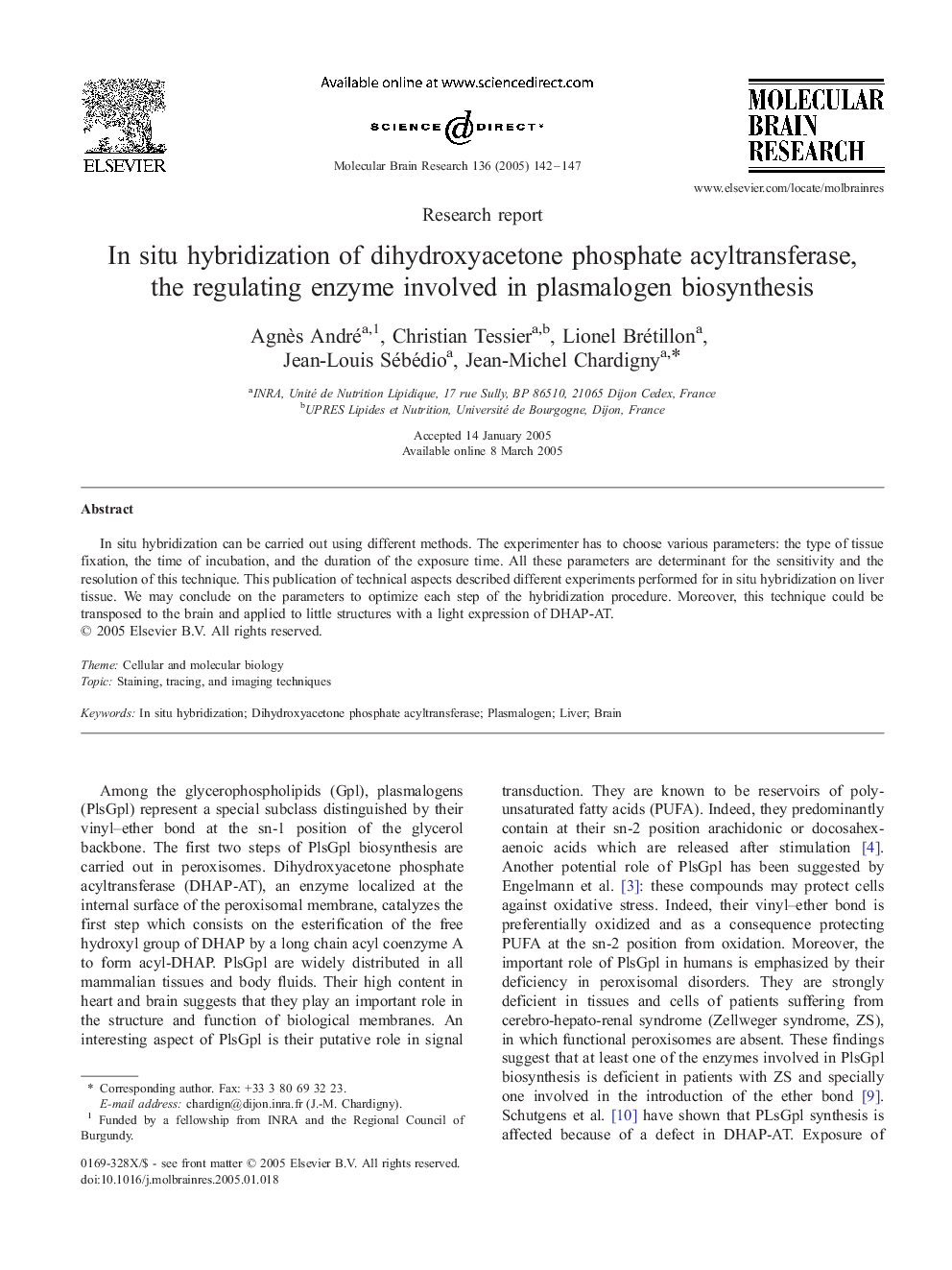 In situ hybridization of dihydroxyacetone phosphate acyltransferase, the regulating enzyme involved in plasmalogen biosynthesis