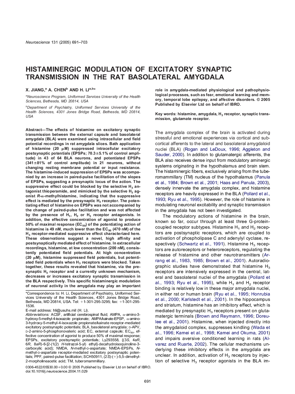 Histaminergic modulation of excitatory synaptic transmission in the rat basolateral amygdala