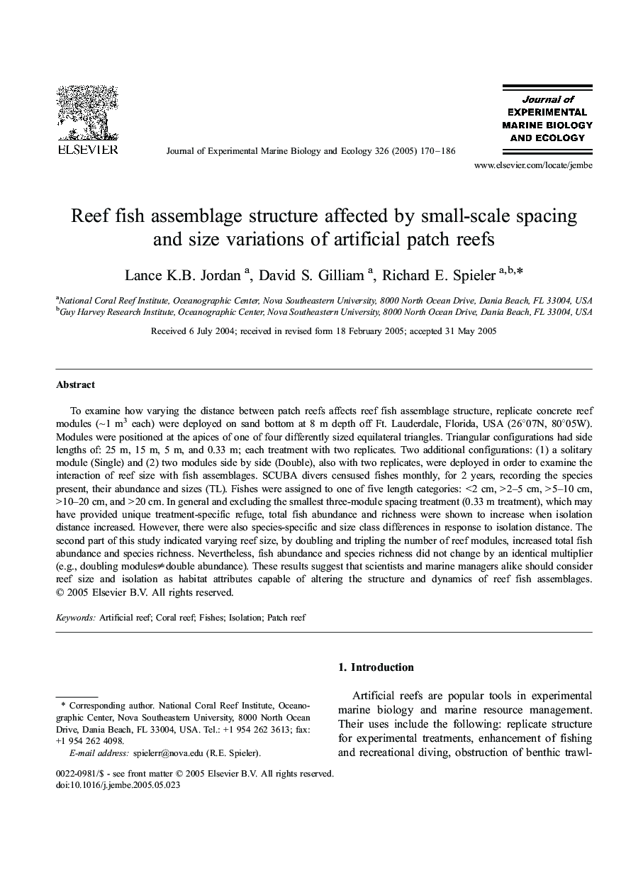 Reef fish assemblage structure affected by small-scale spacing and size variations of artificial patch reefs
