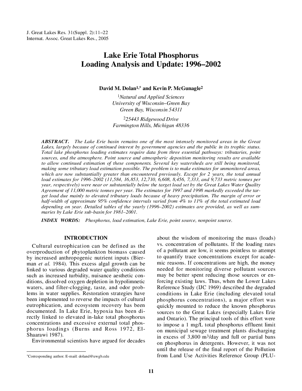 Lake Erie Total Phosphorus Loading Analysis and Update: 1996-2002