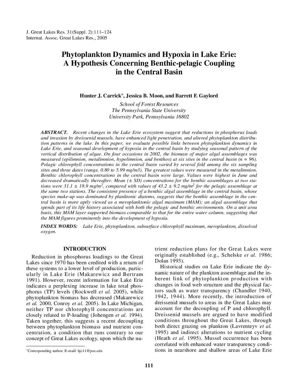 Phytoplankton Dynamics and Hypoxia in Lake Erie: A Hypothesis Concerning Benthic-pelagic Coupling in the Central Basin
