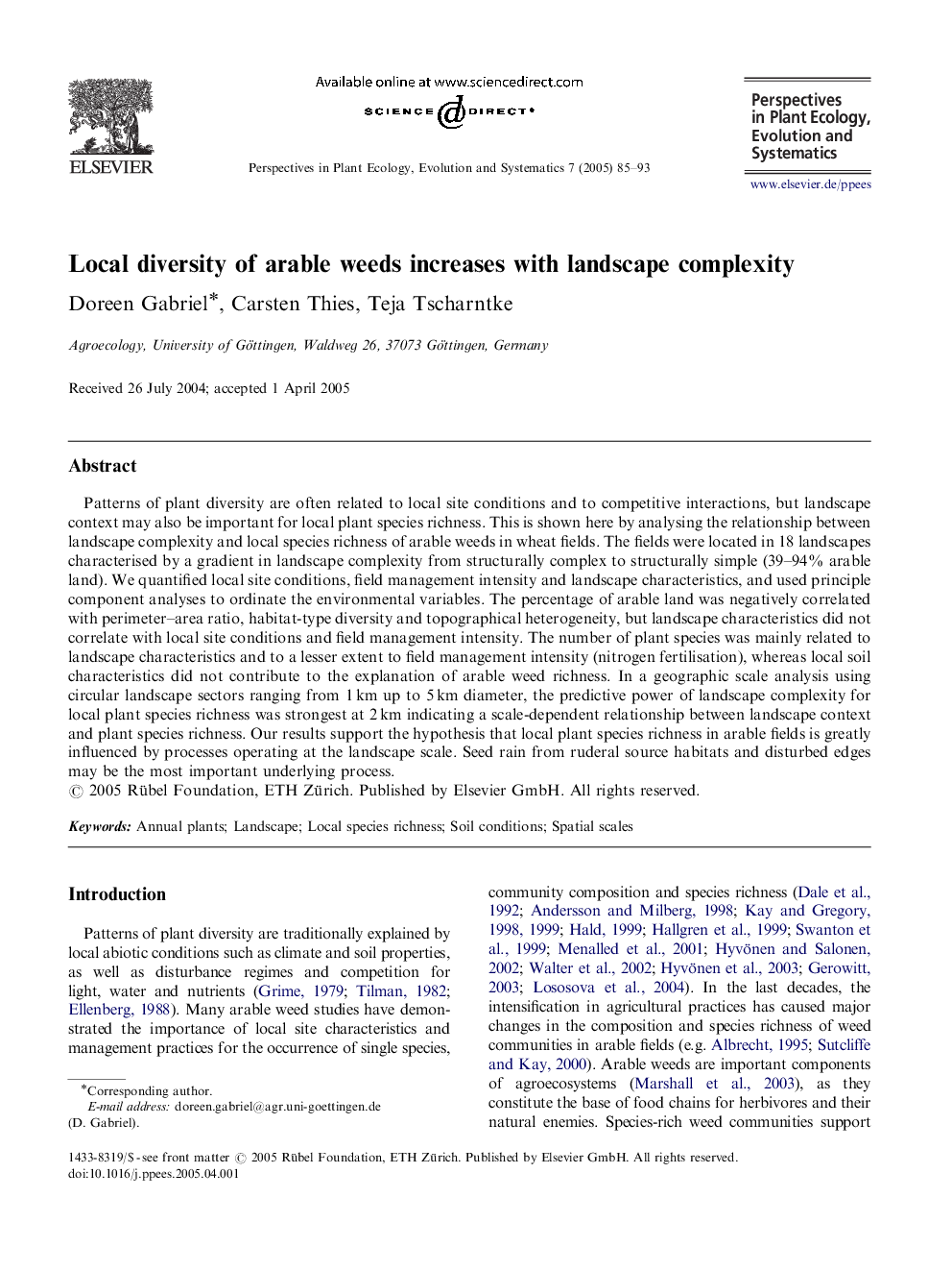 Local diversity of arable weeds increases with landscape complexity