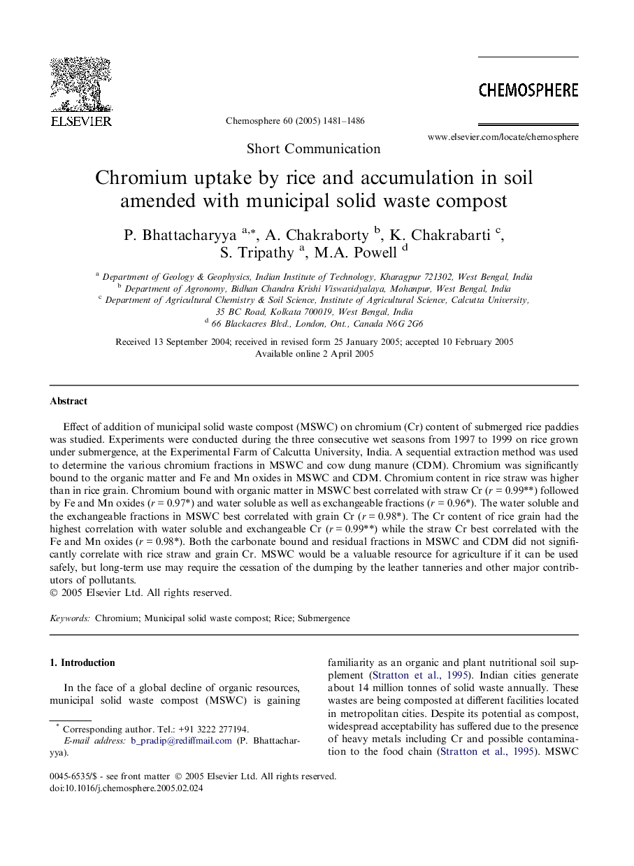 Chromium uptake by rice and accumulation in soil amended with municipal solid waste compost