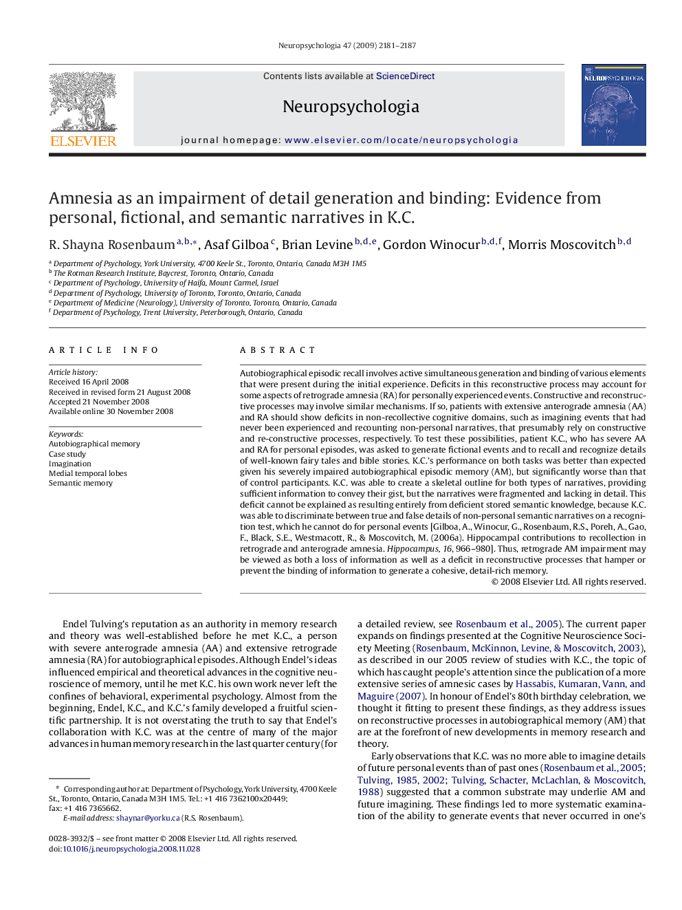 Amnesia as an impairment of detail generation and binding: Evidence from personal, fictional, and semantic narratives in K.C.