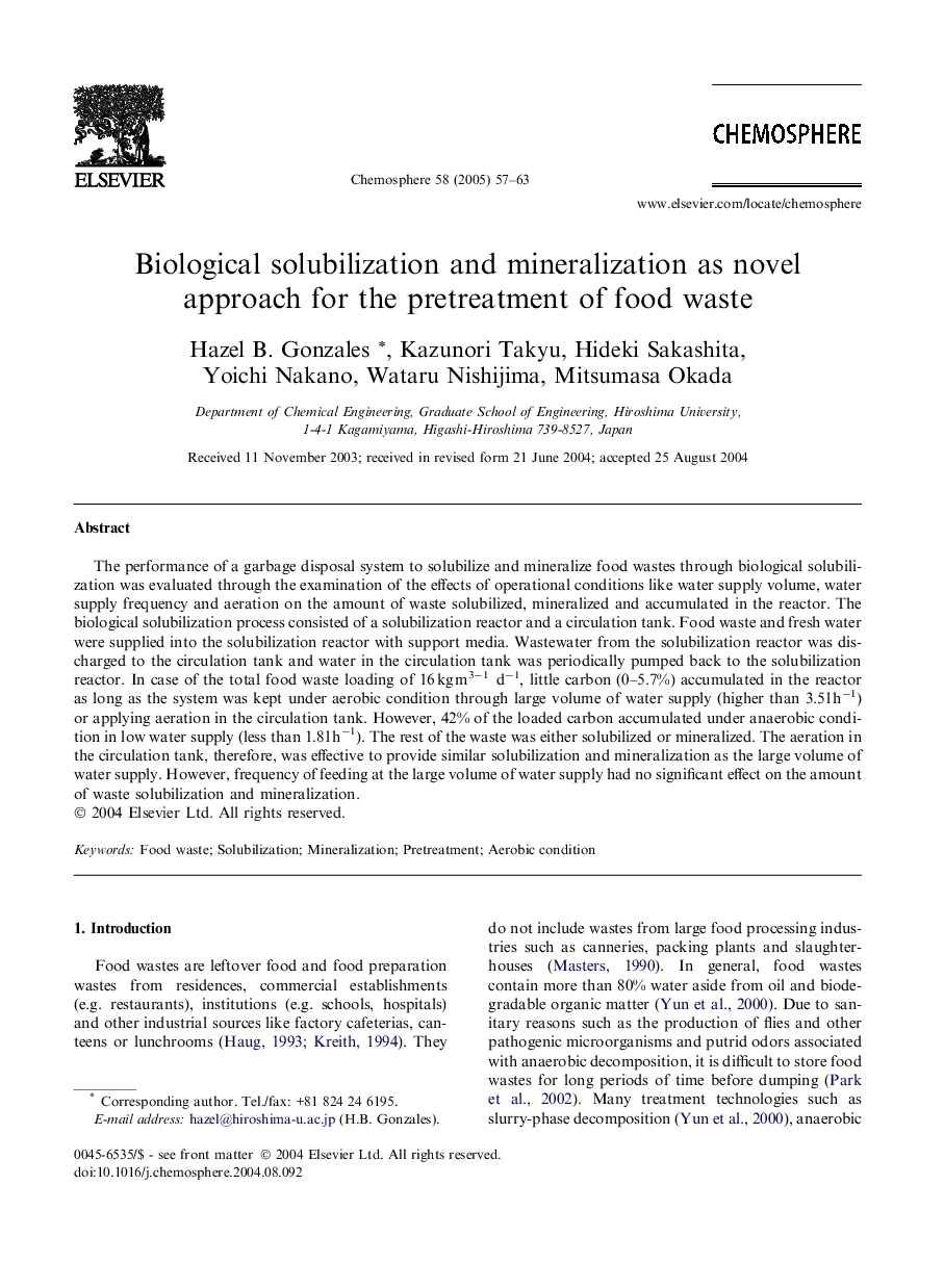 Biological solubilization and mineralization as novel approach for the pretreatment of food waste