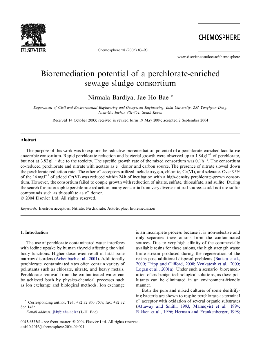 Bioremediation potential of a perchlorate-enriched sewage sludge consortium