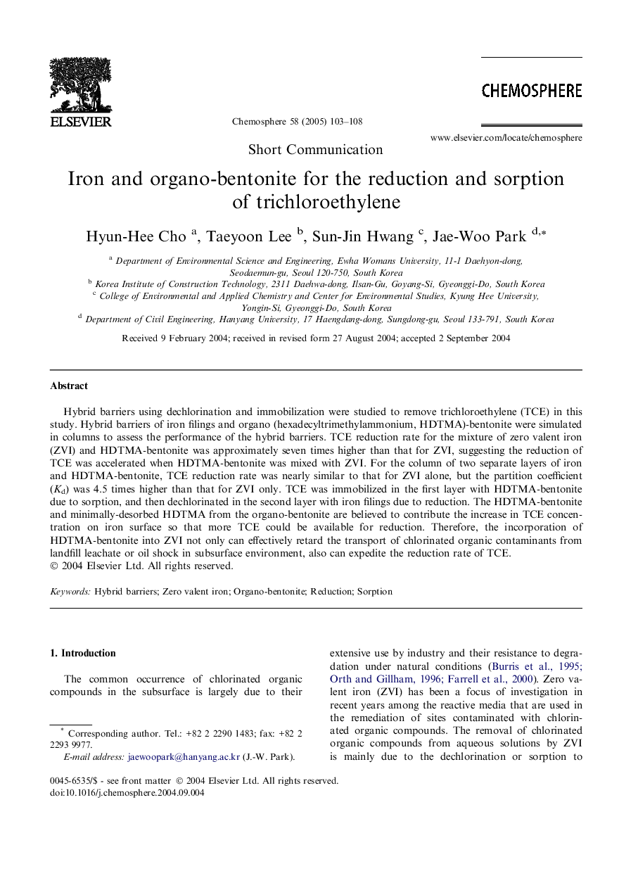 Iron and organo-bentonite for the reduction and sorption of trichloroethylene