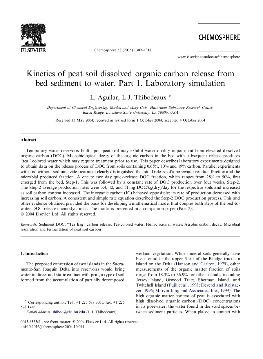 Kinetics of peat soil dissolved organic carbon release from bed sediment to water. Part 1. Laboratory simulation