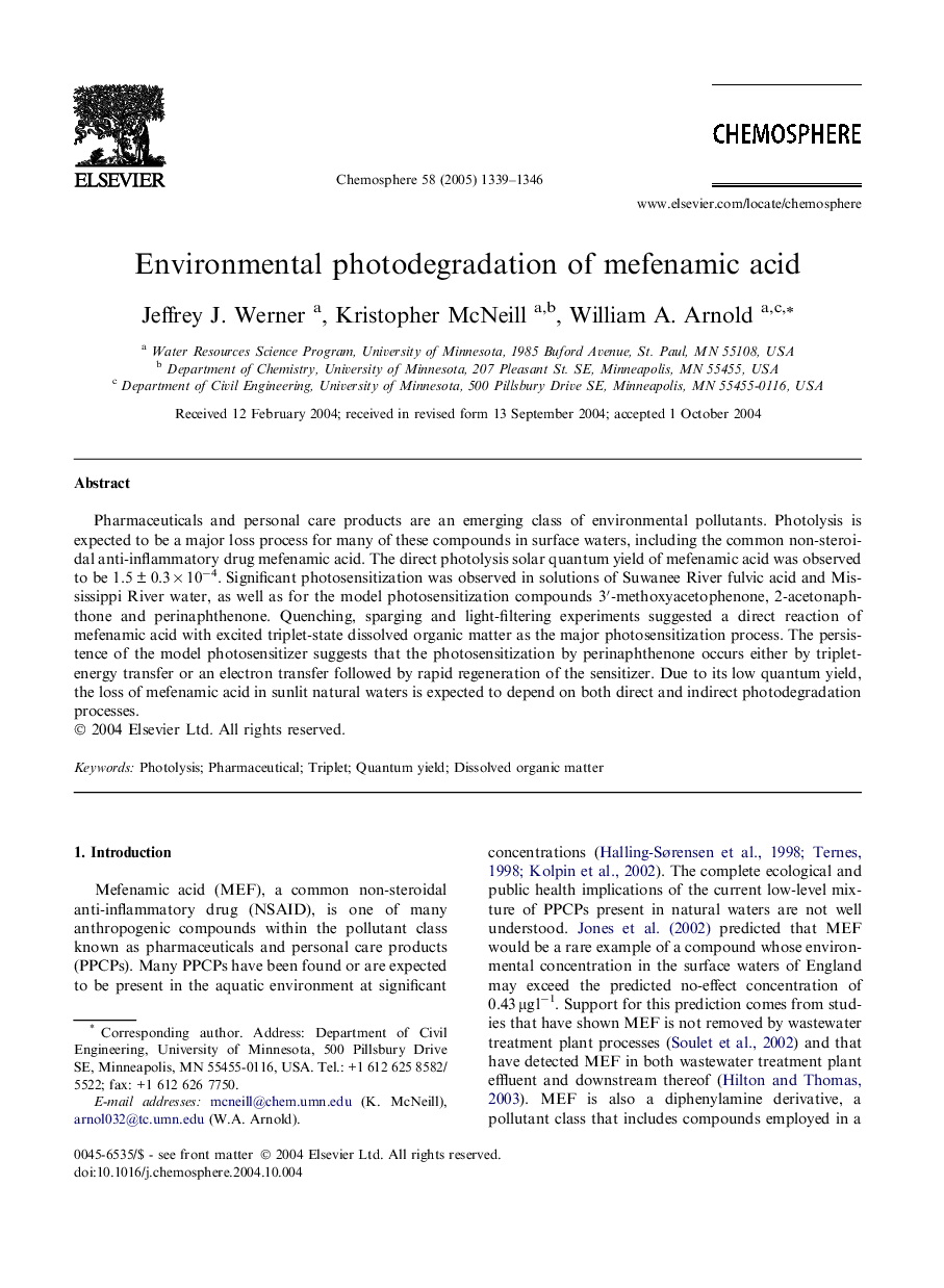 Environmental photodegradation of mefenamic acid