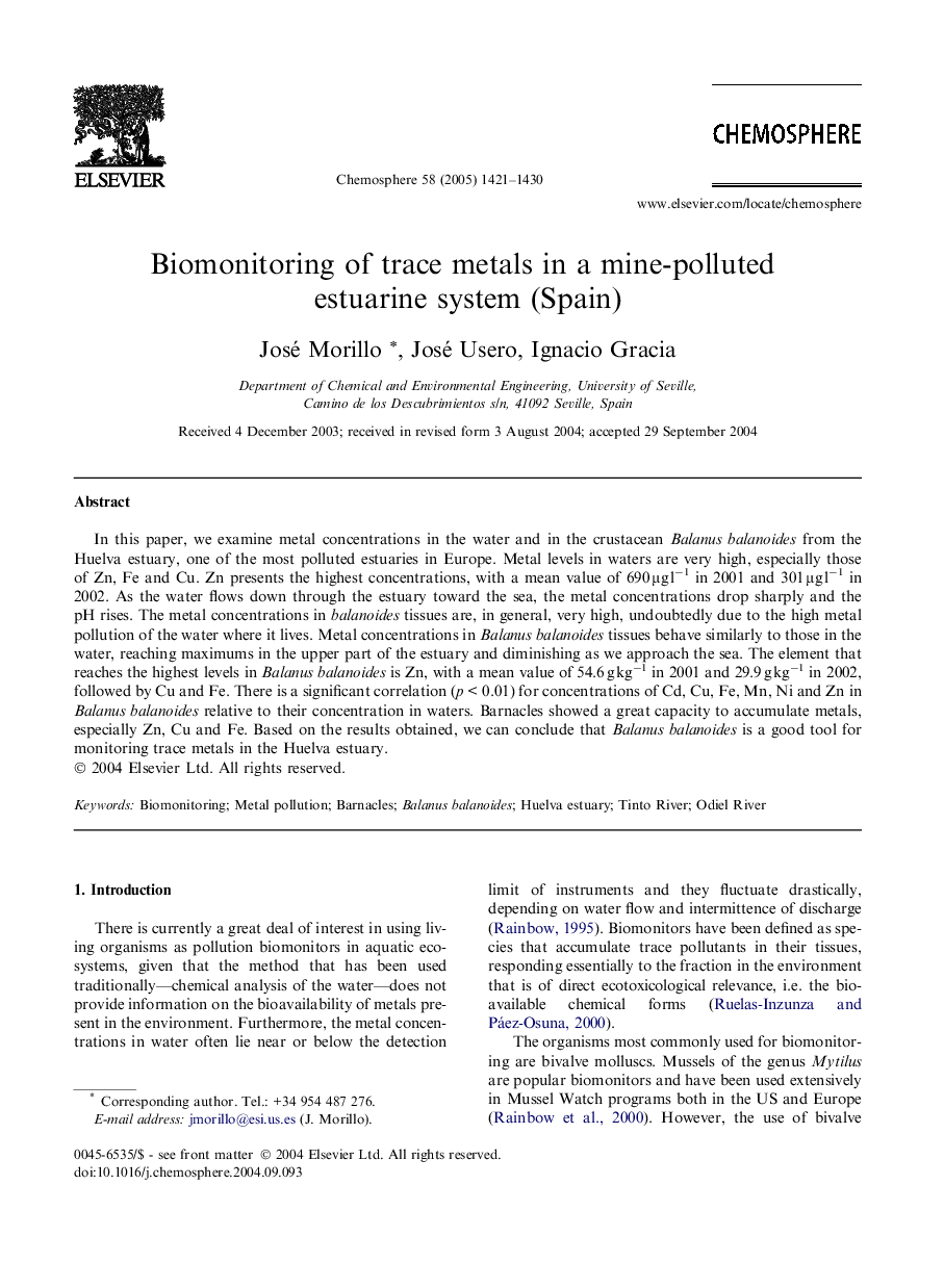 Biomonitoring of trace metals in a mine-polluted estuarine system (Spain)