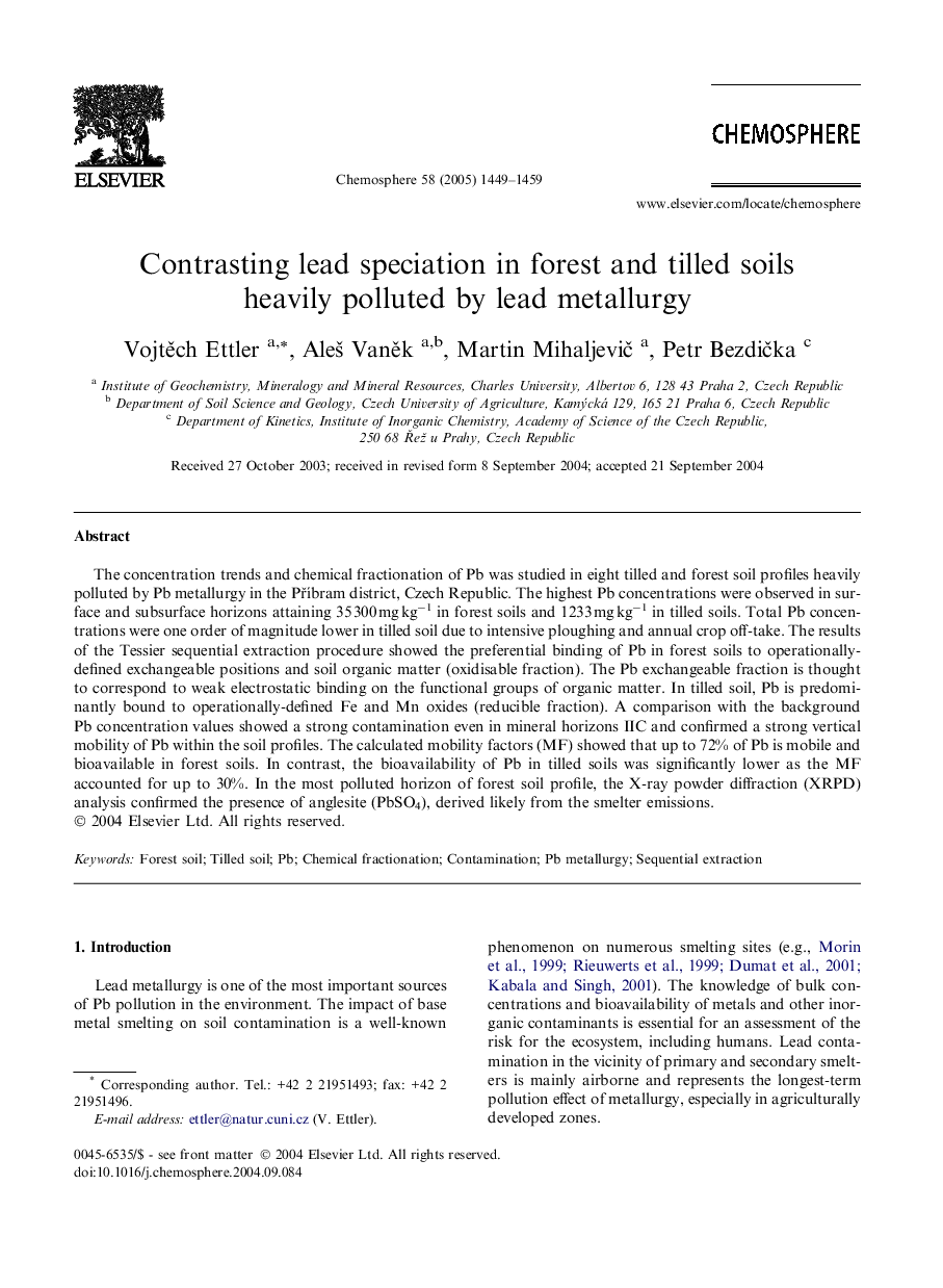 Contrasting lead speciation in forest and tilled soils heavily polluted by lead metallurgy