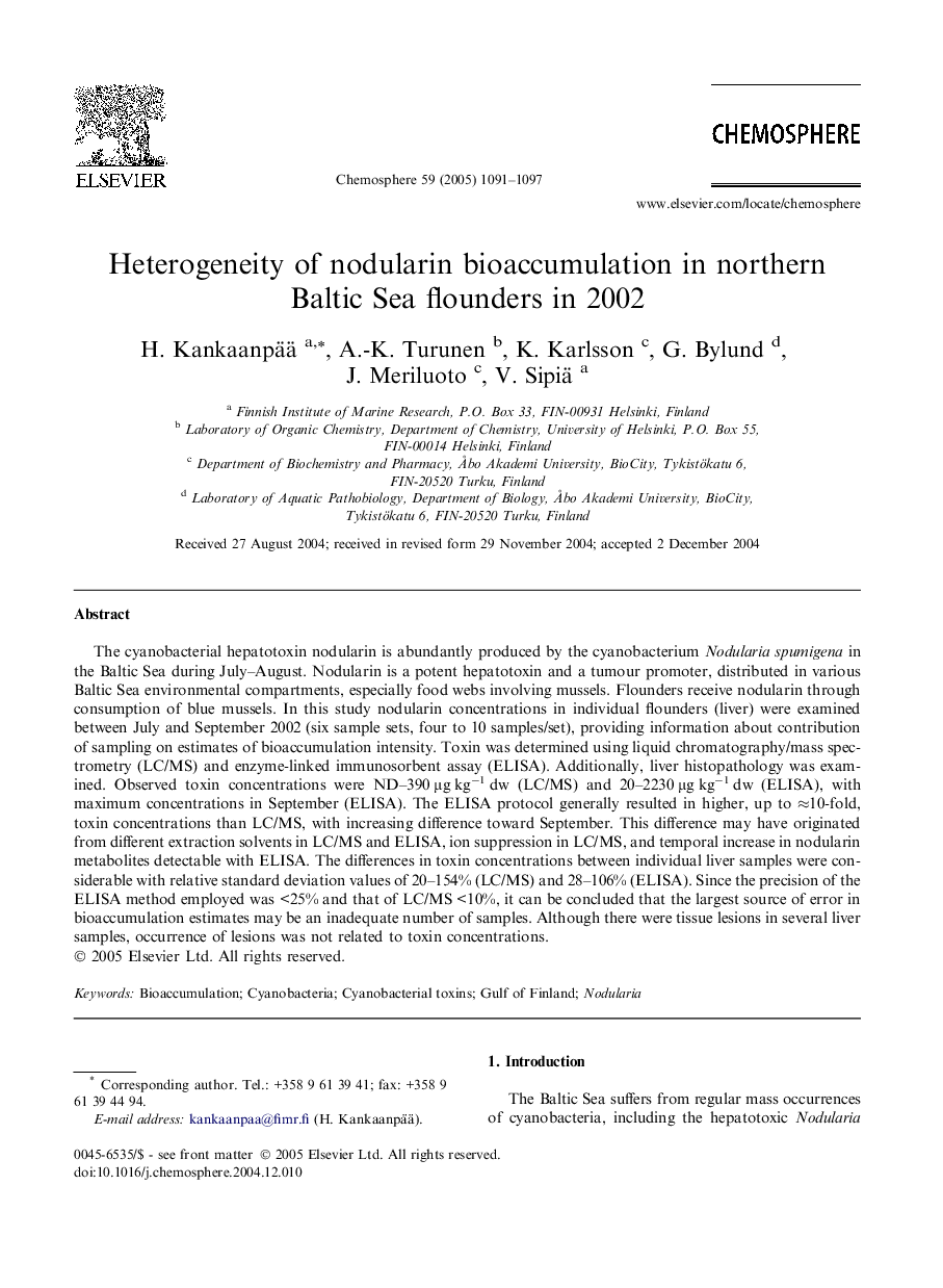 Heterogeneity of nodularin bioaccumulation in northern Baltic Sea flounders in 2002