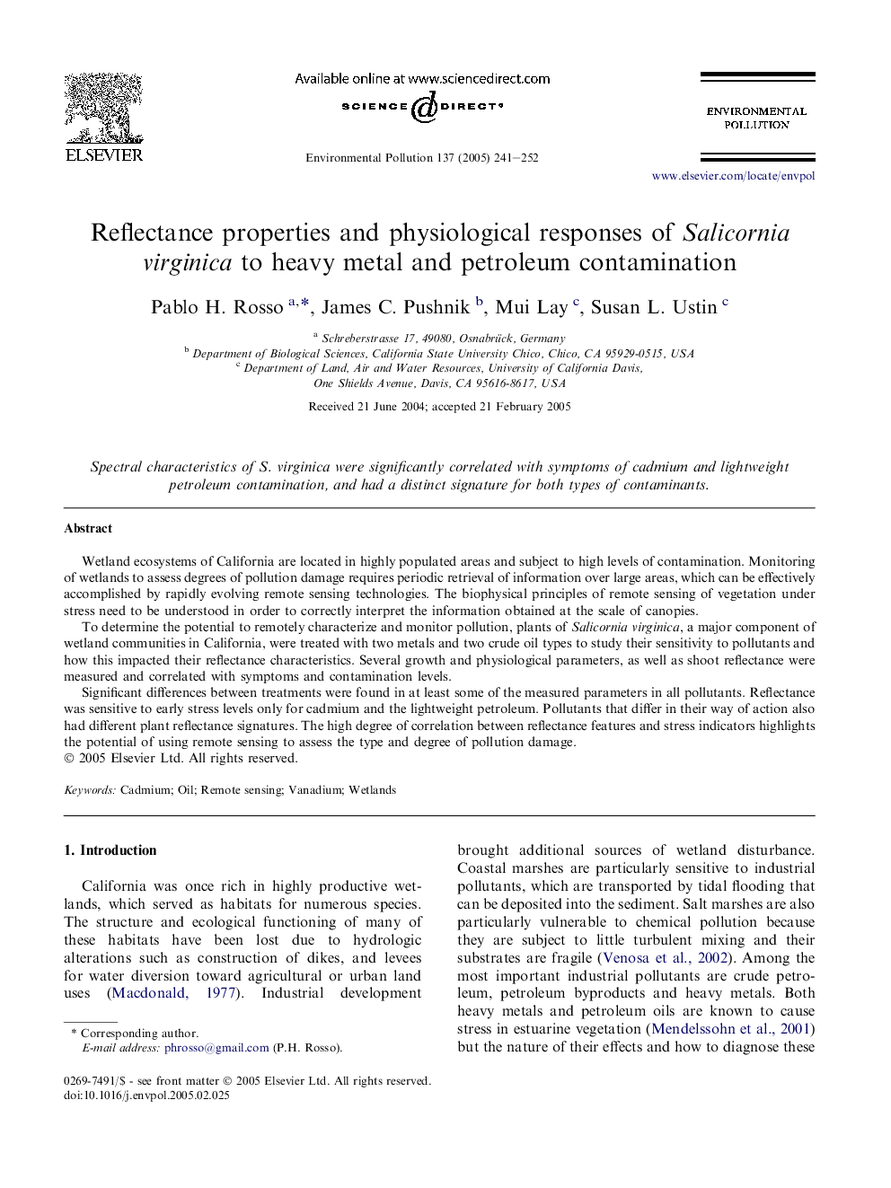 Reflectance properties and physiological responses of Salicornia virginica to heavy metal and petroleum contamination