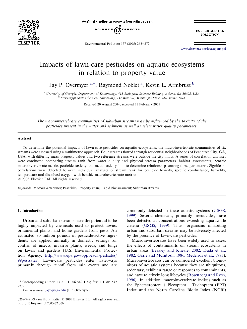 Impacts of lawn-care pesticides on aquatic ecosystems in relation to property value