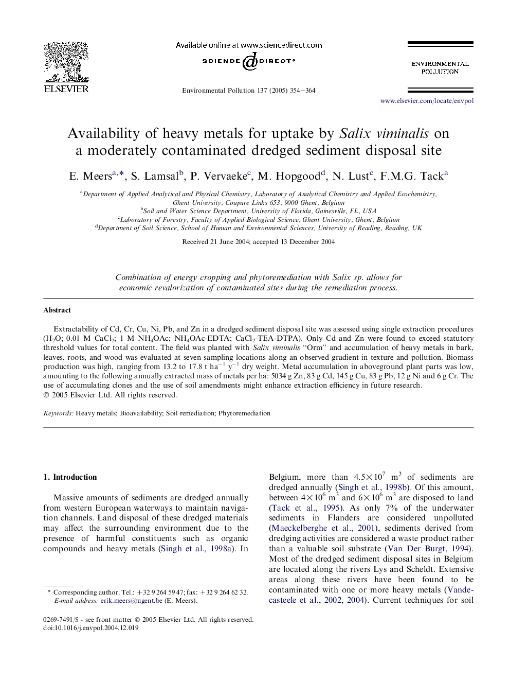 Availability of heavy metals for uptake by Salix viminalis on a moderately contaminated dredged sediment disposal site