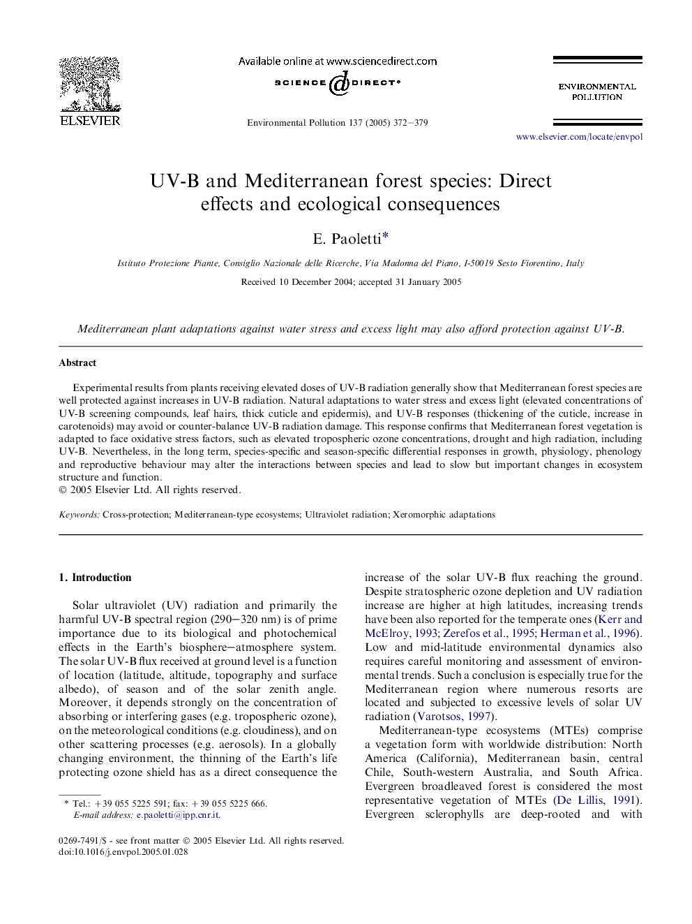 UV-B and Mediterranean forest species: Direct effects and ecological consequences