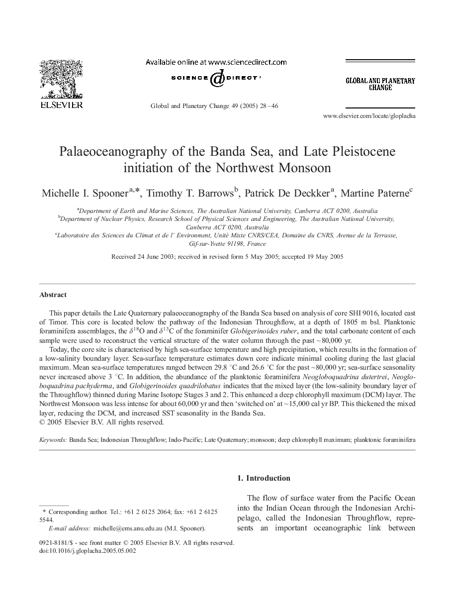 Palaeoceanography of the Banda Sea, and Late Pleistocene initiation of the Northwest Monsoon