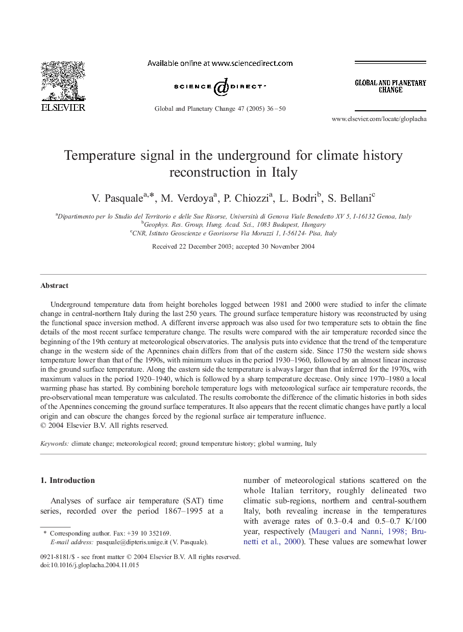 Temperature signal in the underground for climate history reconstruction in Italy