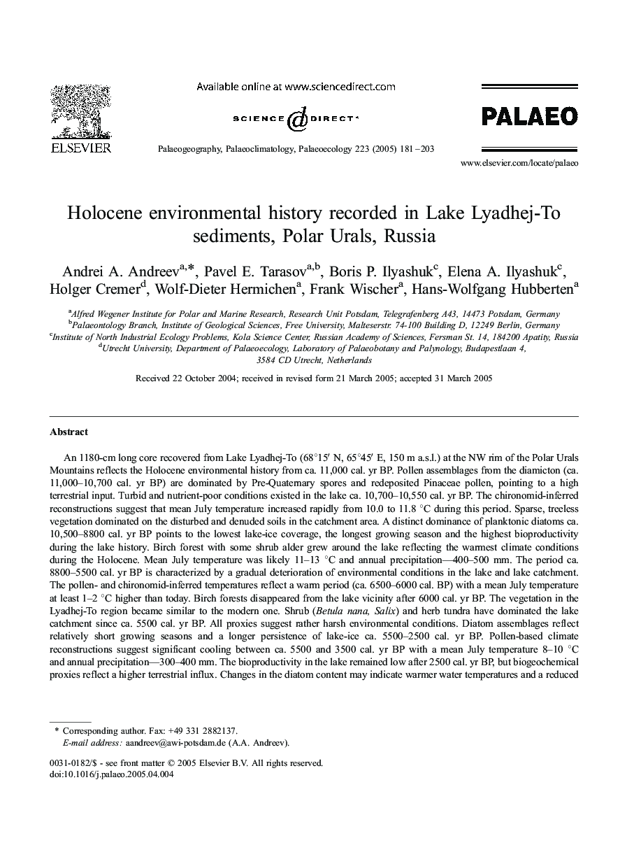 Holocene environmental history recorded in Lake Lyadhej-To sediments, Polar Urals, Russia