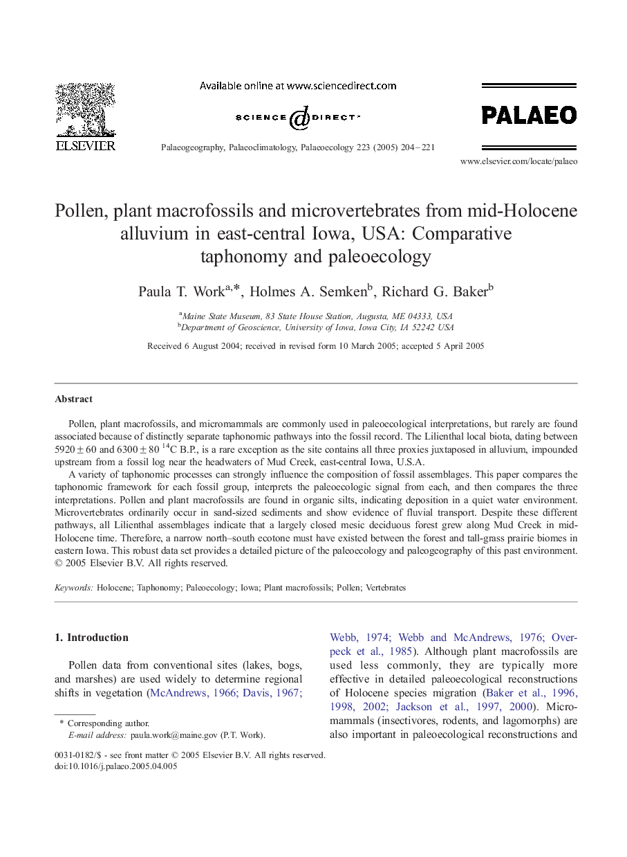 Pollen, plant macrofossils and microvertebrates from mid-Holocene alluvium in east-central Iowa, USA: Comparative taphonomy and paleoecology