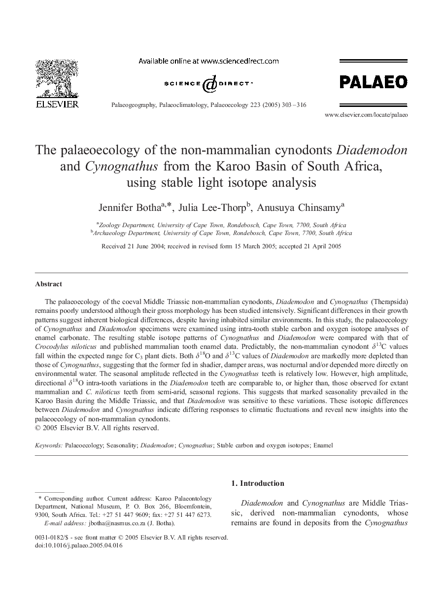 The palaeoecology of the non-mammalian cynodonts Diademodon and Cynognathus from the Karoo Basin of South Africa, using stable light isotope analysis
