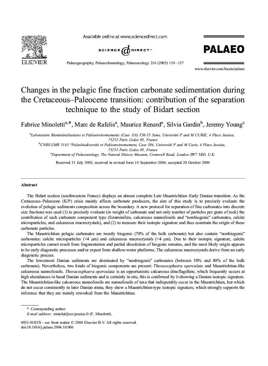 Changes in the pelagic fine fraction carbonate sedimentation during the Cretaceous-Paleocene transition: contribution of the separation technique to the study of Bidart section