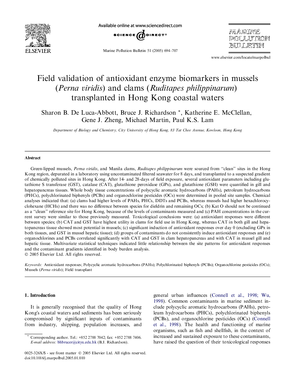 Field validation of antioxidant enzyme biomarkers in mussels (Perna viridis) and clams (Ruditapes philippinarum) transplanted in Hong Kong coastal waters