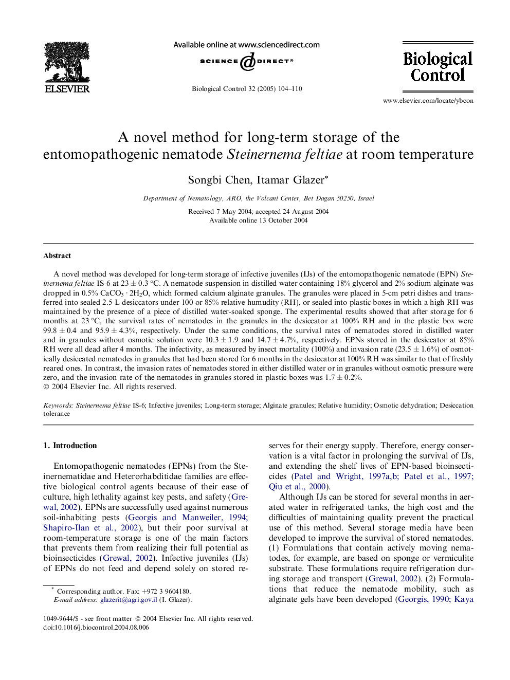 A novel method for long-term storage of the entomopathogenic nematode Steinernema feltiae at room temperature