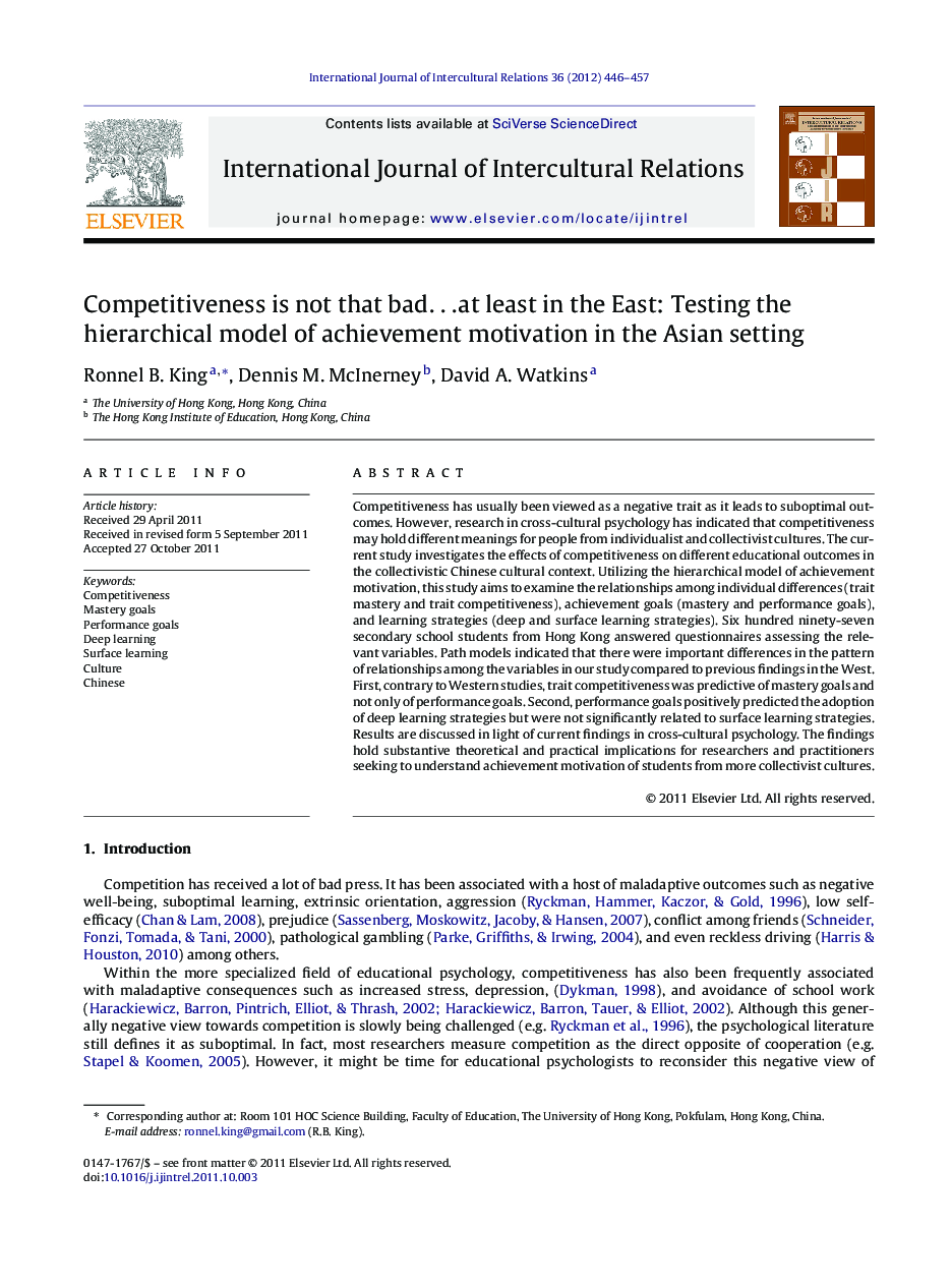 Competitiveness is not that bad…at least in the East: Testing the hierarchical model of achievement motivation in the Asian setting