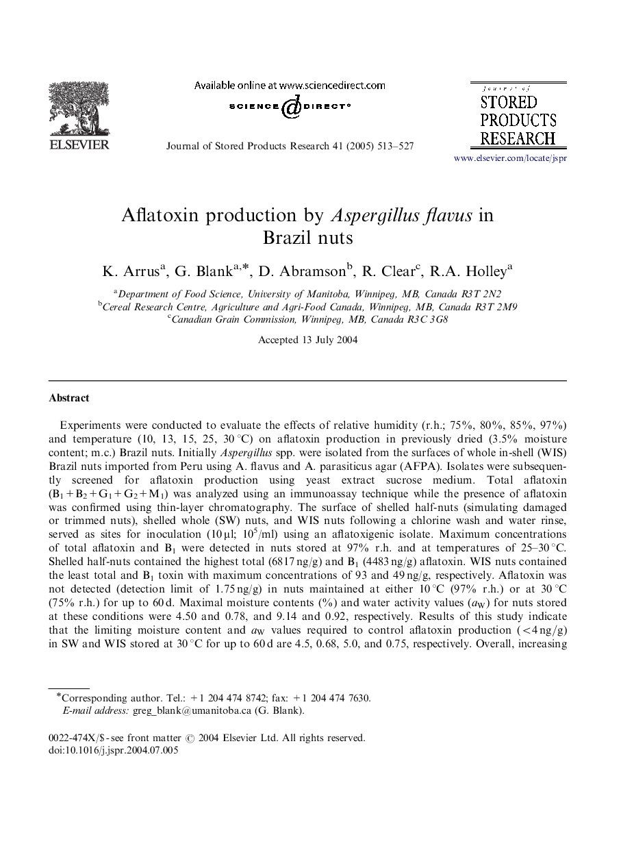 Aflatoxin production by Aspergillus flavus in Brazil nuts
