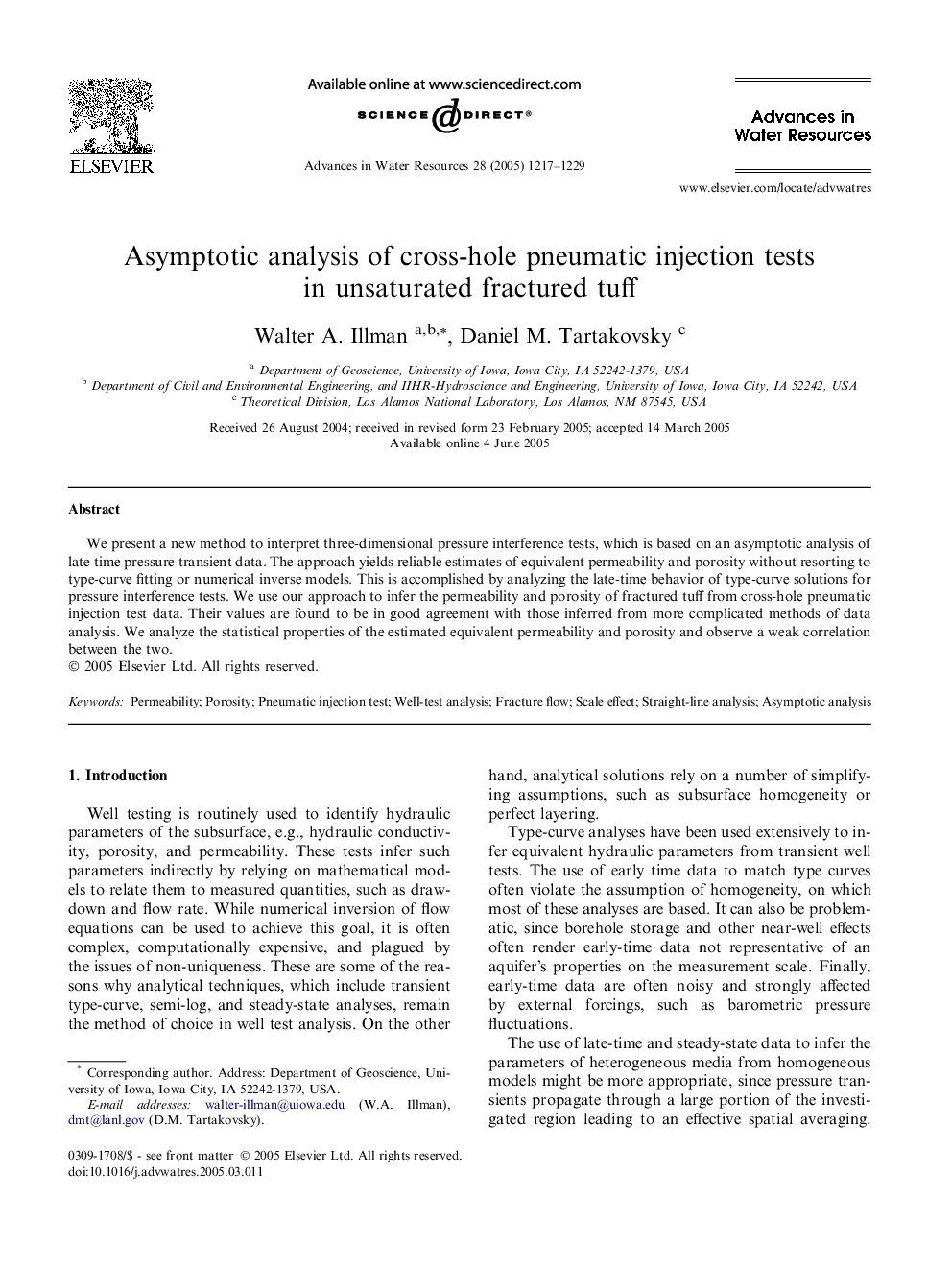 Asymptotic analysis of cross-hole pneumatic injection tests in unsaturated fractured tuff