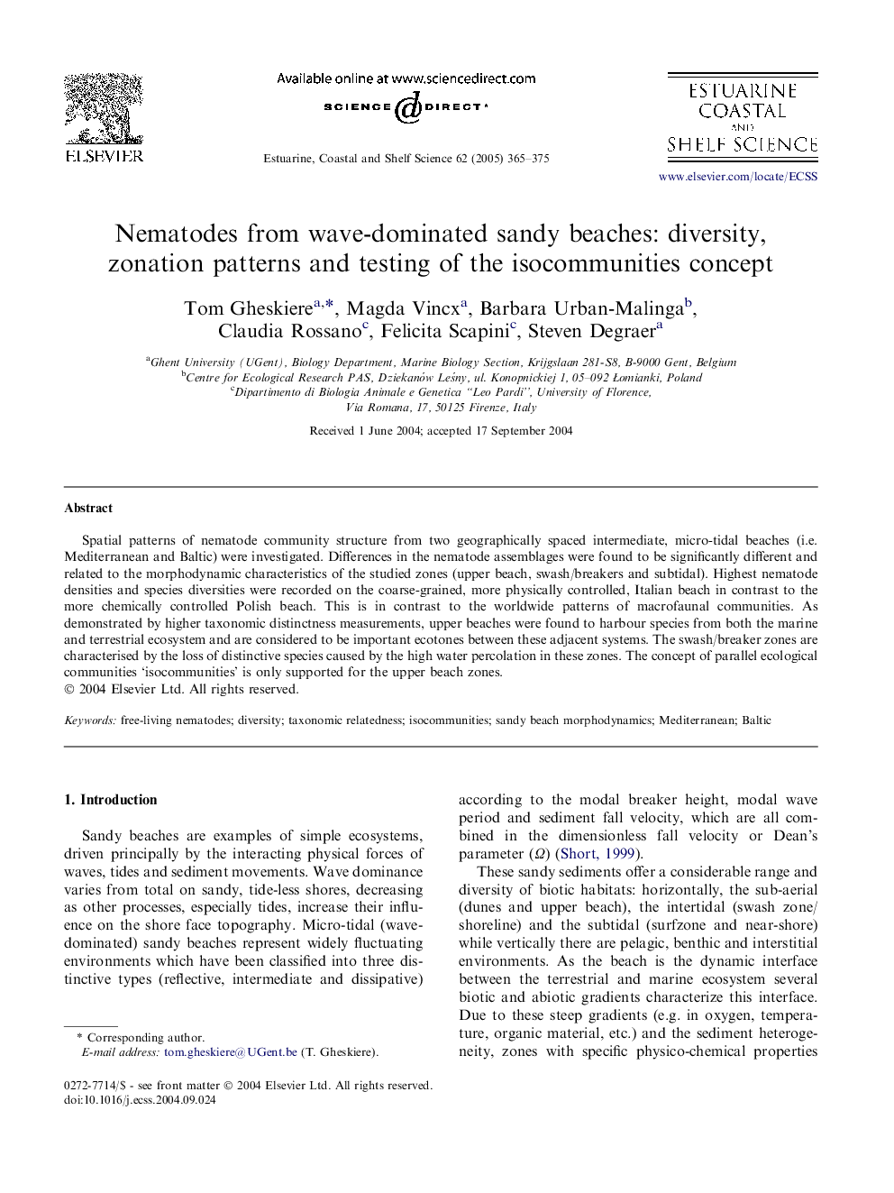 Nematodes from wave-dominated sandy beaches: diversity, zonation patterns and testing of the isocommunities concept