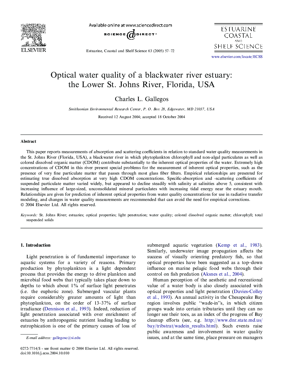 Optical water quality of a blackwater river estuary: the Lower St. Johns River, Florida, USA