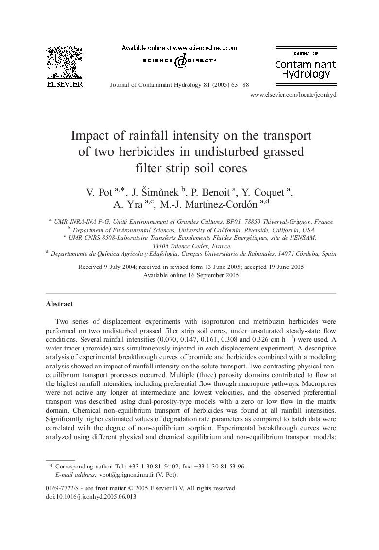 Impact of rainfall intensity on the transport of two herbicides in undisturbed grassed filter strip soil cores
