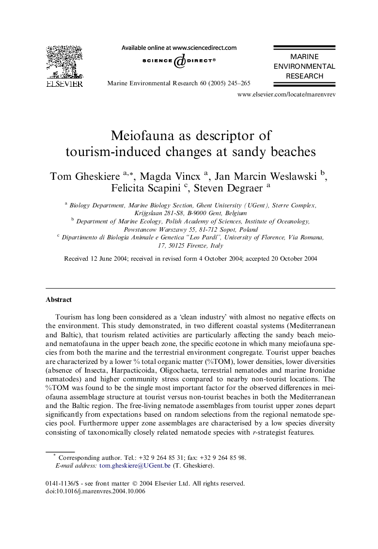 Meiofauna as descriptor of tourism-induced changes at sandy beaches