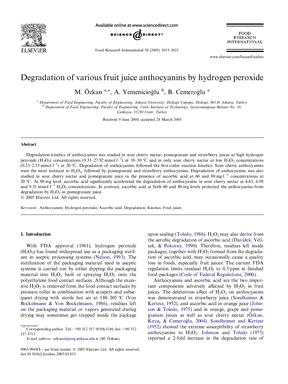 Degradation of various fruit juice anthocyanins by hydrogen peroxide