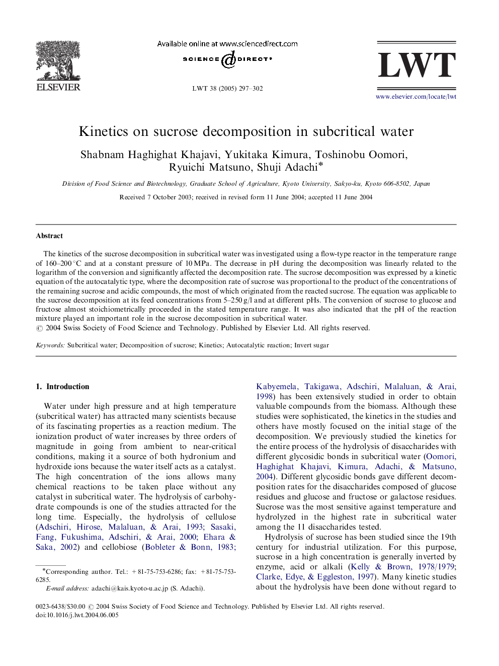 Kinetics on sucrose decomposition in subcritical water