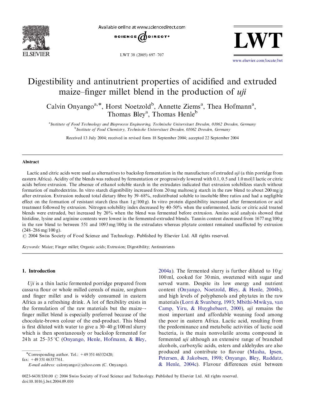 Digestibility and antinutrient properties of acidified and extruded maize-finger millet blend in the production of uji