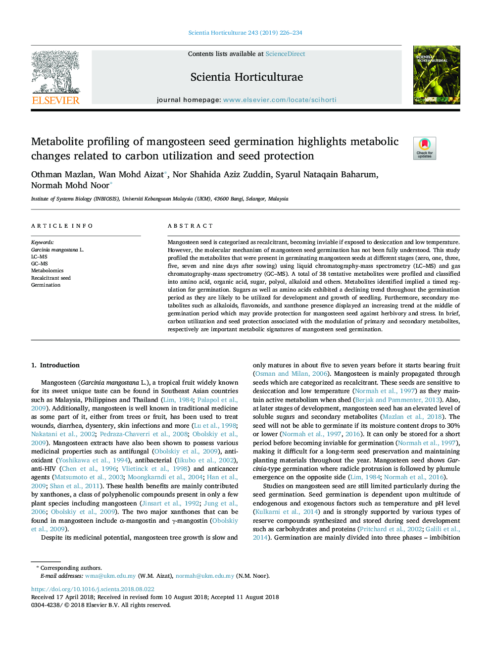 پروفیل متابولیت جوانهزنی بذر مانگوستین، تغییرات متابولیک مربوط به استفاده از کربن و حفاظت از بذر را نشان می دهد