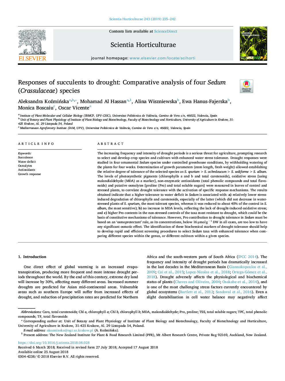 Responses of succulents to drought: Comparative analysis of four Sedum (Crassulaceae) species