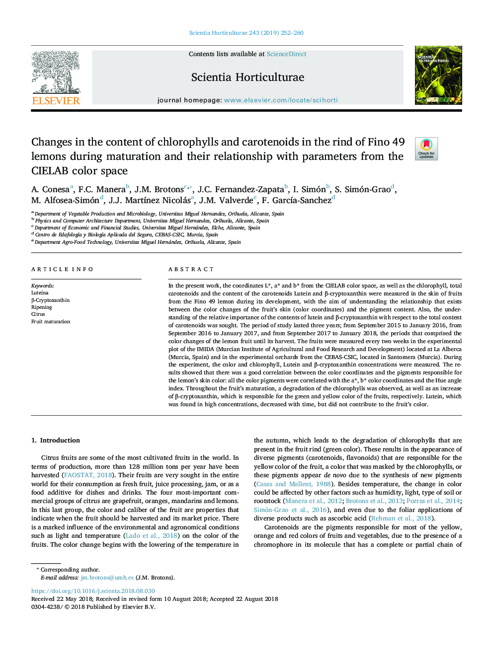Changes in the content of chlorophylls and carotenoids in the rind of Fino 49 lemons during maturation and their relationship with parameters from the CIELAB color space