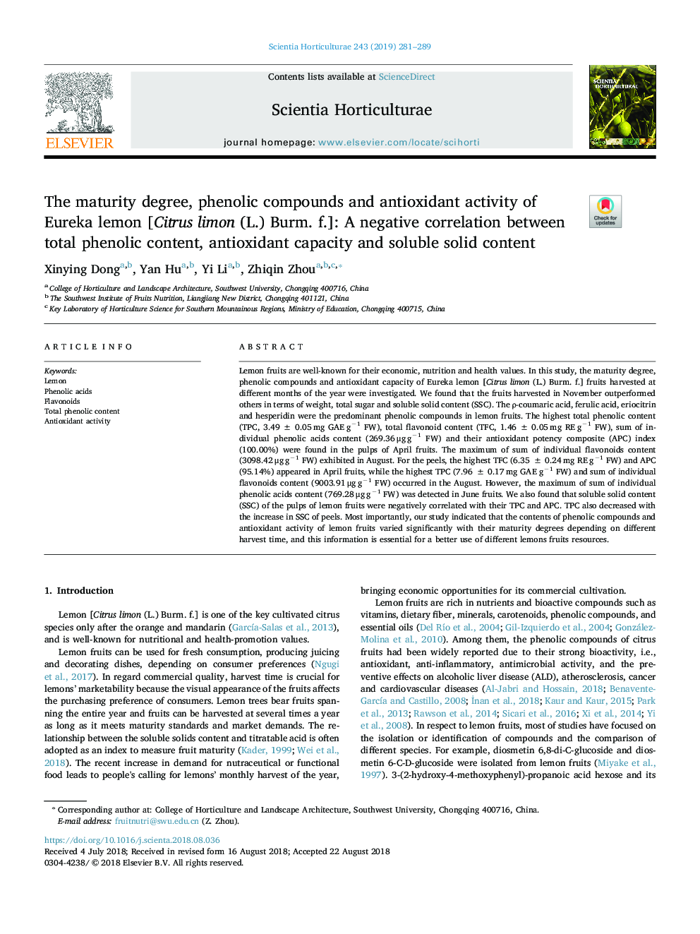 The maturity degree, phenolic compounds and antioxidant activity of Eureka lemon [Citrus limon (L.) Burm. f.]: A negative correlation between total phenolic content, antioxidant capacity and soluble solid content