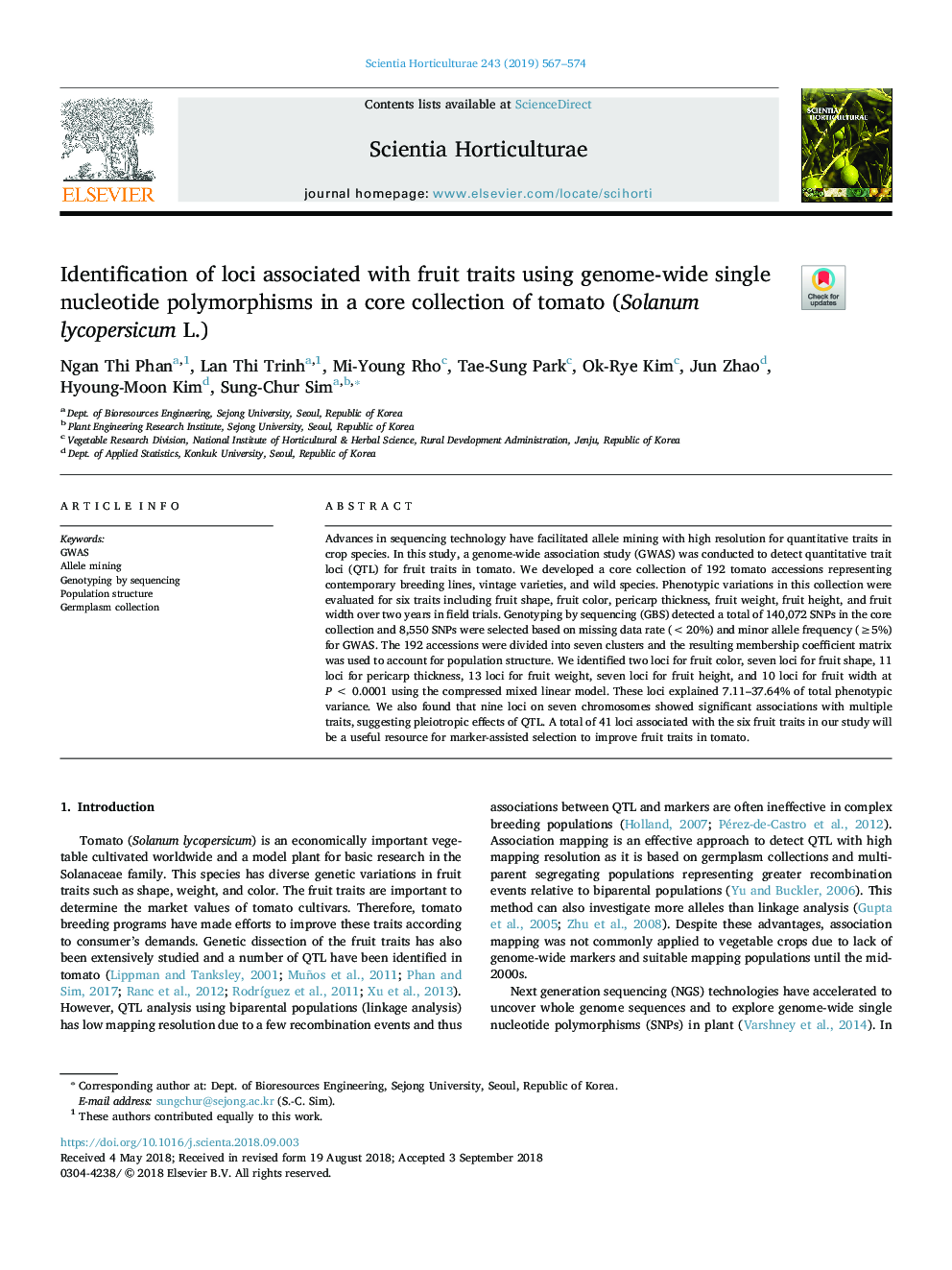 Identification of loci associated with fruit traits using genome-wide single nucleotide polymorphisms in a core collection of tomato (Solanum lycopersicum L.)